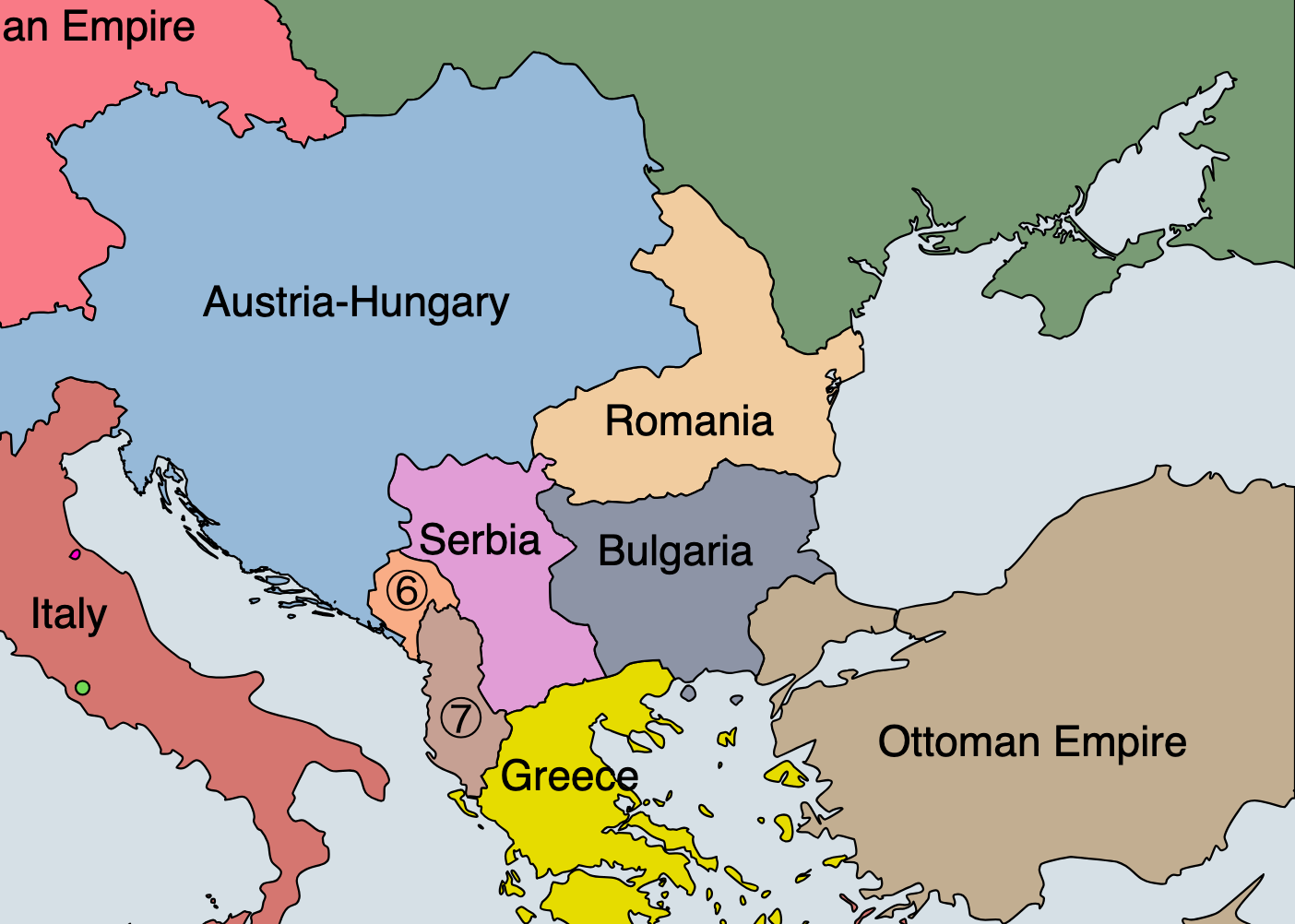 Detail map of south-east Europe in 1914 showing Austria-Hungary in pale blue reaching south-west to the Adriatic coast, Serbia in pink on its southern border, with Montenegro, Albania, Bulgaria, Romania, Greece, Italy, the Ottoman Empire and the southern edge of the Russian Empire around it.