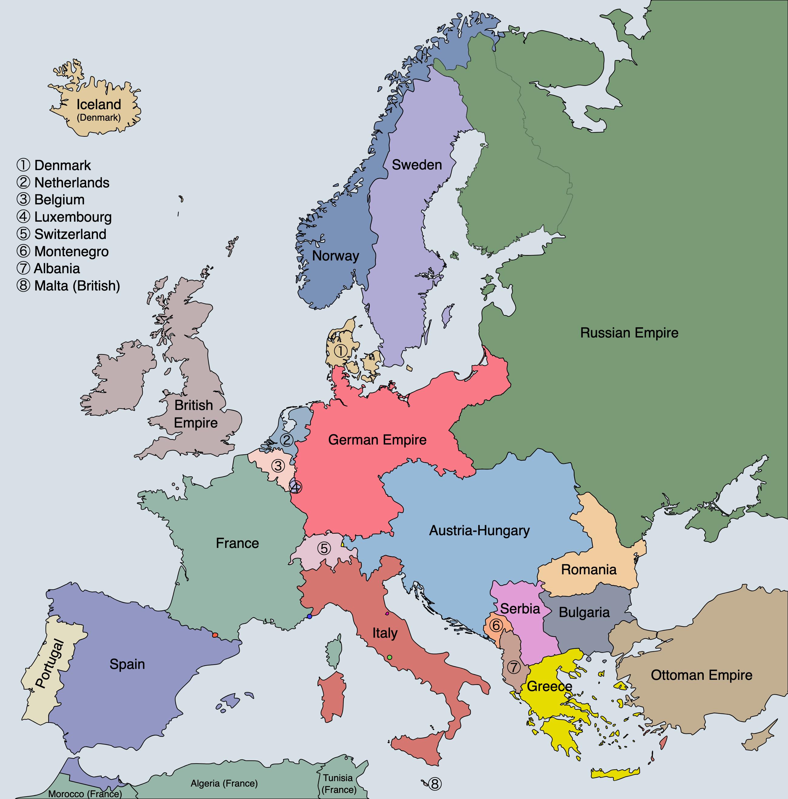 Political map of Europe in 1914. Each state has its own colour. Labelled states include the British Empire, France, the German Empire, Austria-Hungary, the Russian Empire, Italy, Spain, Portugal, Serbia, Romania, Bulgaria, Greece and the Ottoman Empire, with a numbered key for Denmark, the Netherlands, Belgium, Luxembourg, Switzerland, Montenegro, Albania and Malta. French North African territories are shown along the bottom.